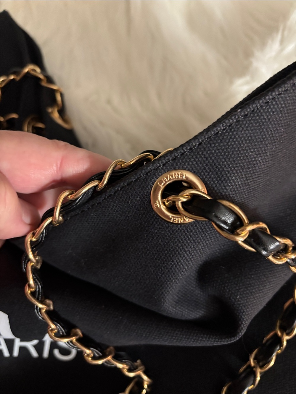 Beauty Black Canvas Tote with Gold and Black Shoulder Straps - Picture 7 of 9
